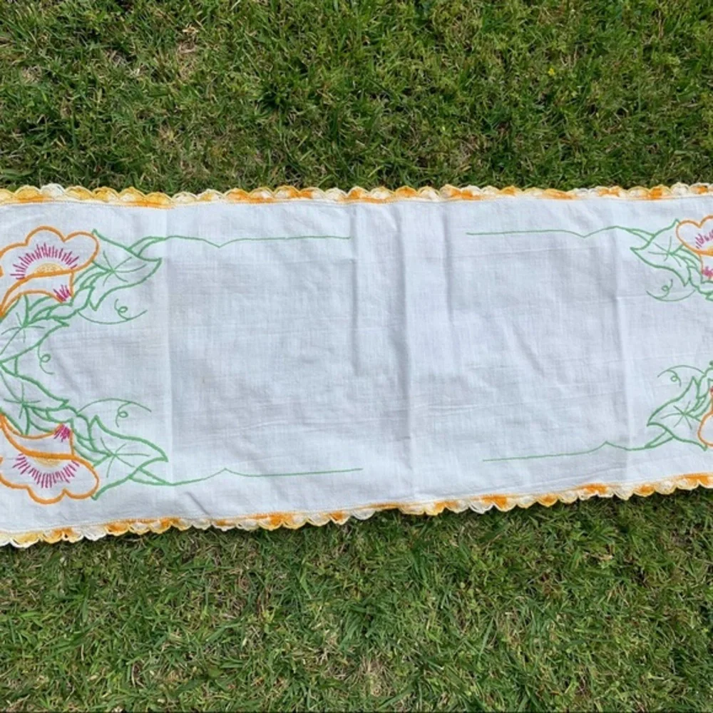 Embroidered Floral Table Runner - White and Yellow